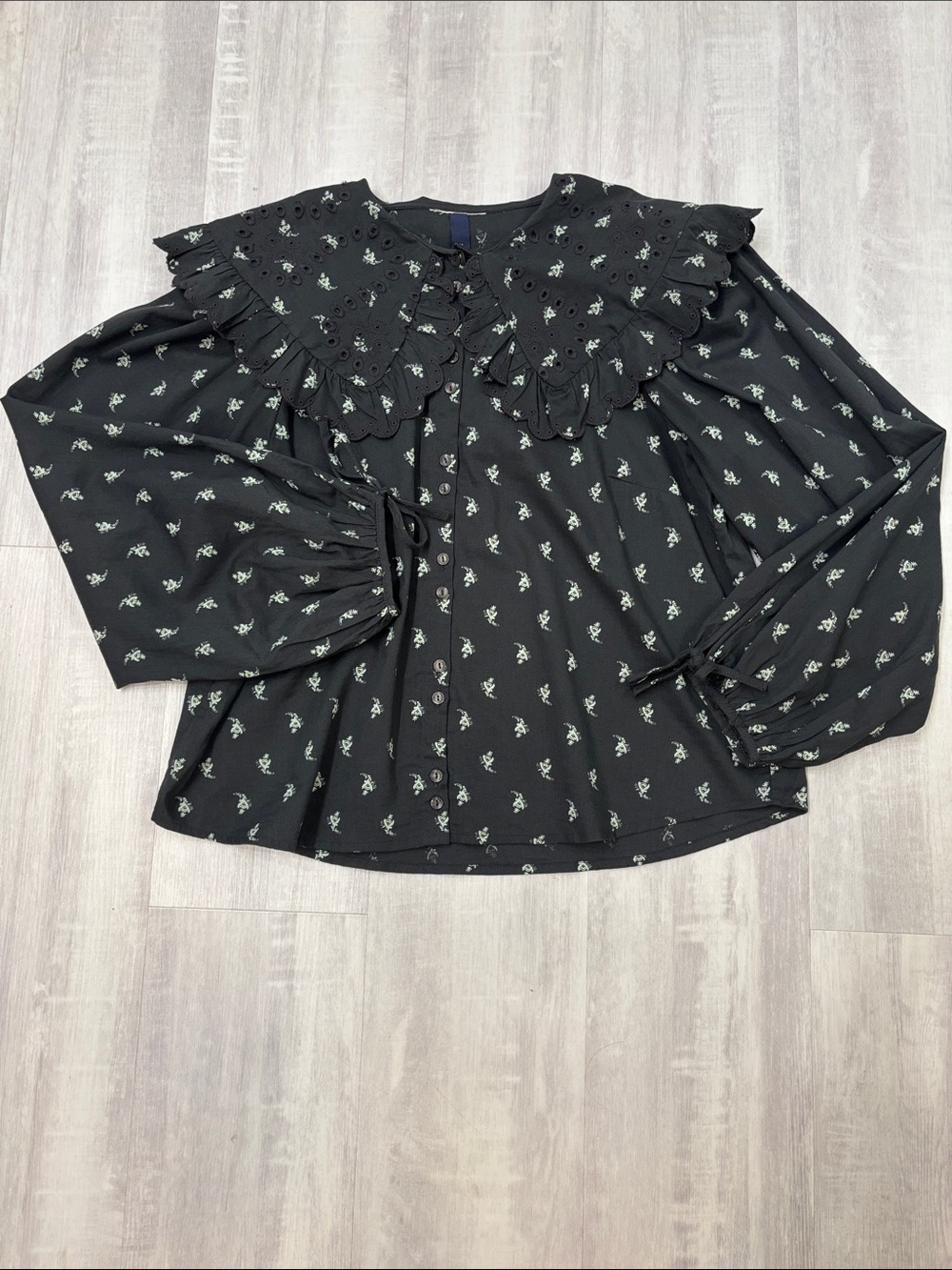 a new day Dark Blue Floral Ruffle Collar Button-Front Blouse Cinched Sleeves Tie
